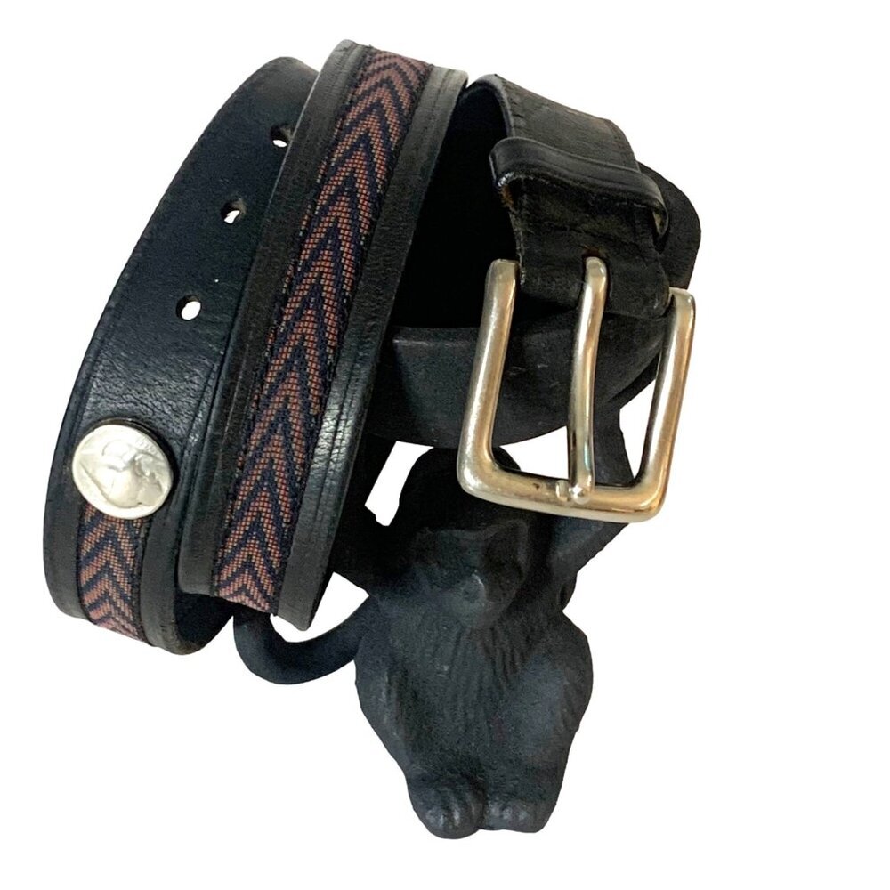 Gap Black Leather Belt Buffalo Head Nickel Medallion with Geometric Fabric Sz 36